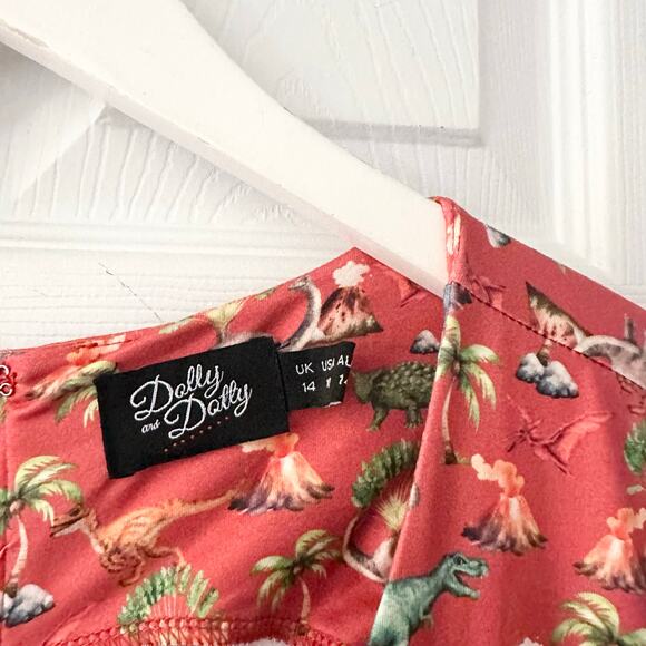 Dolly and Dotty Unique Vintage Red Billie Dinosaur Volcano Flared Midi Dress 10 - Picture 6 of 13
